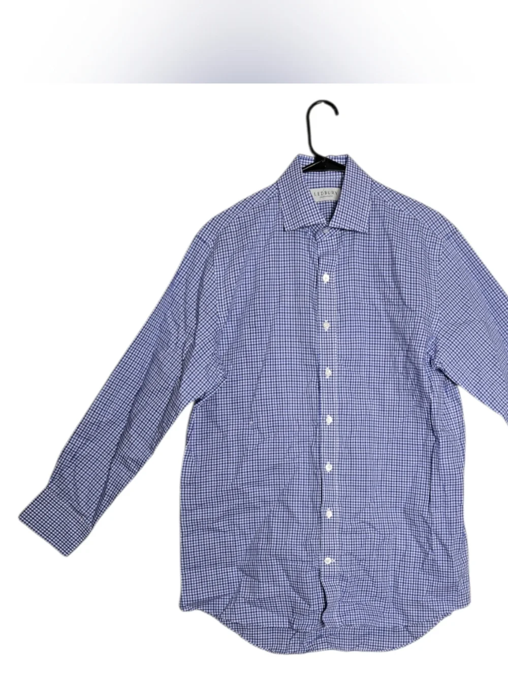 Ledbury Blue Gingham Small Check Dress Shirt Classic Cotton Spread Collar 15.5 - Picture 10 of 13